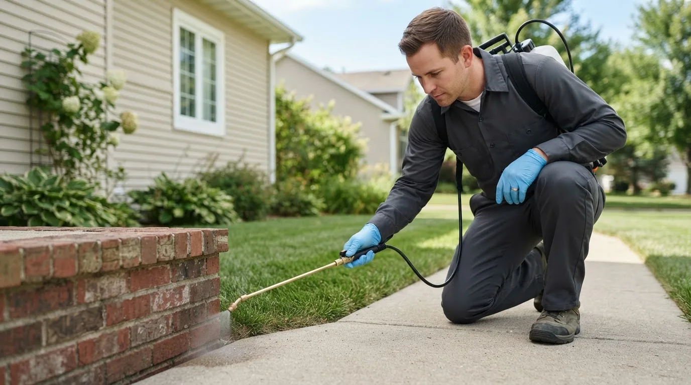 Pest control technician treating a home near Purdin, MO