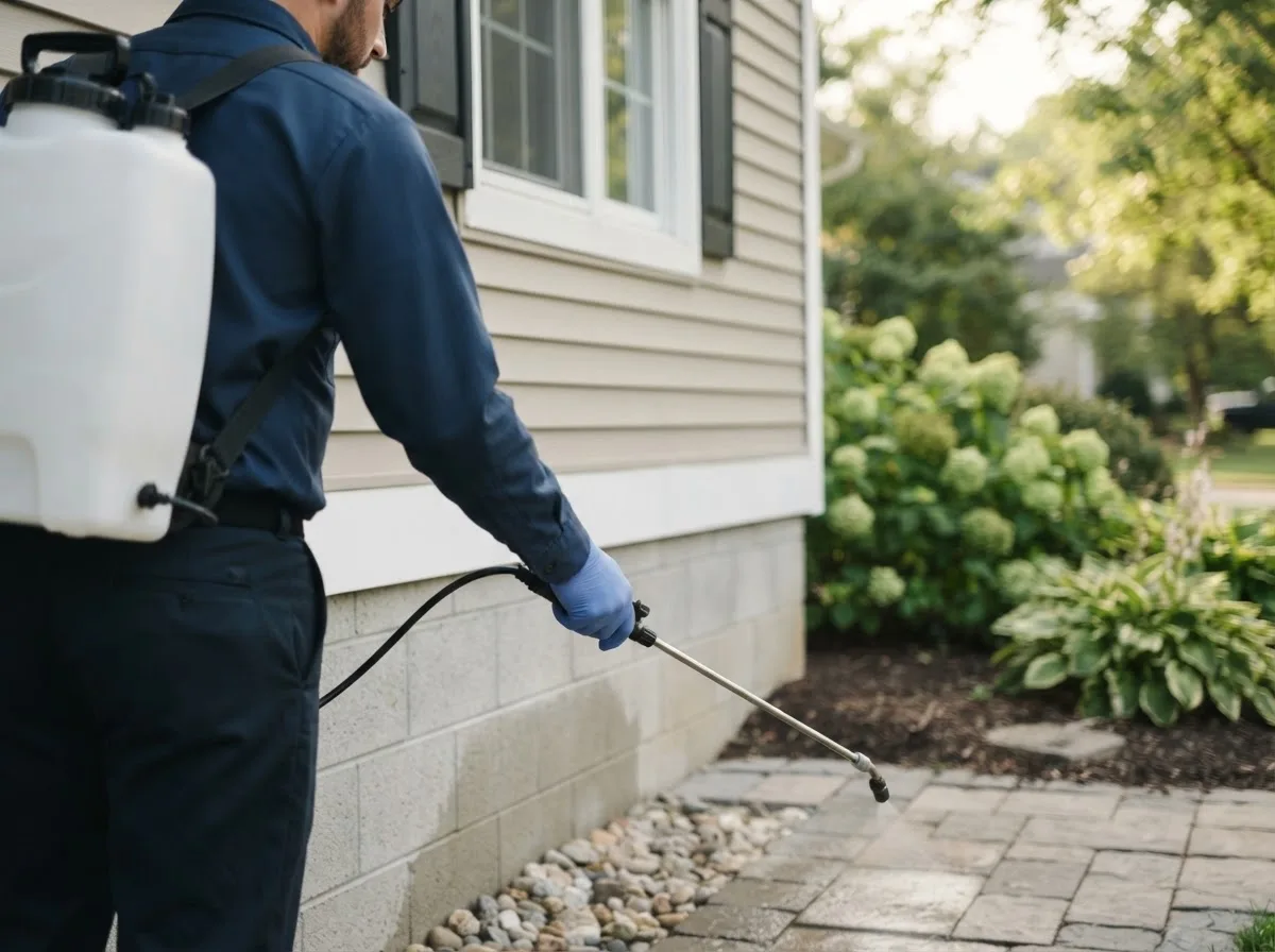 Pest control technician inspecting a home in Purdin, MO